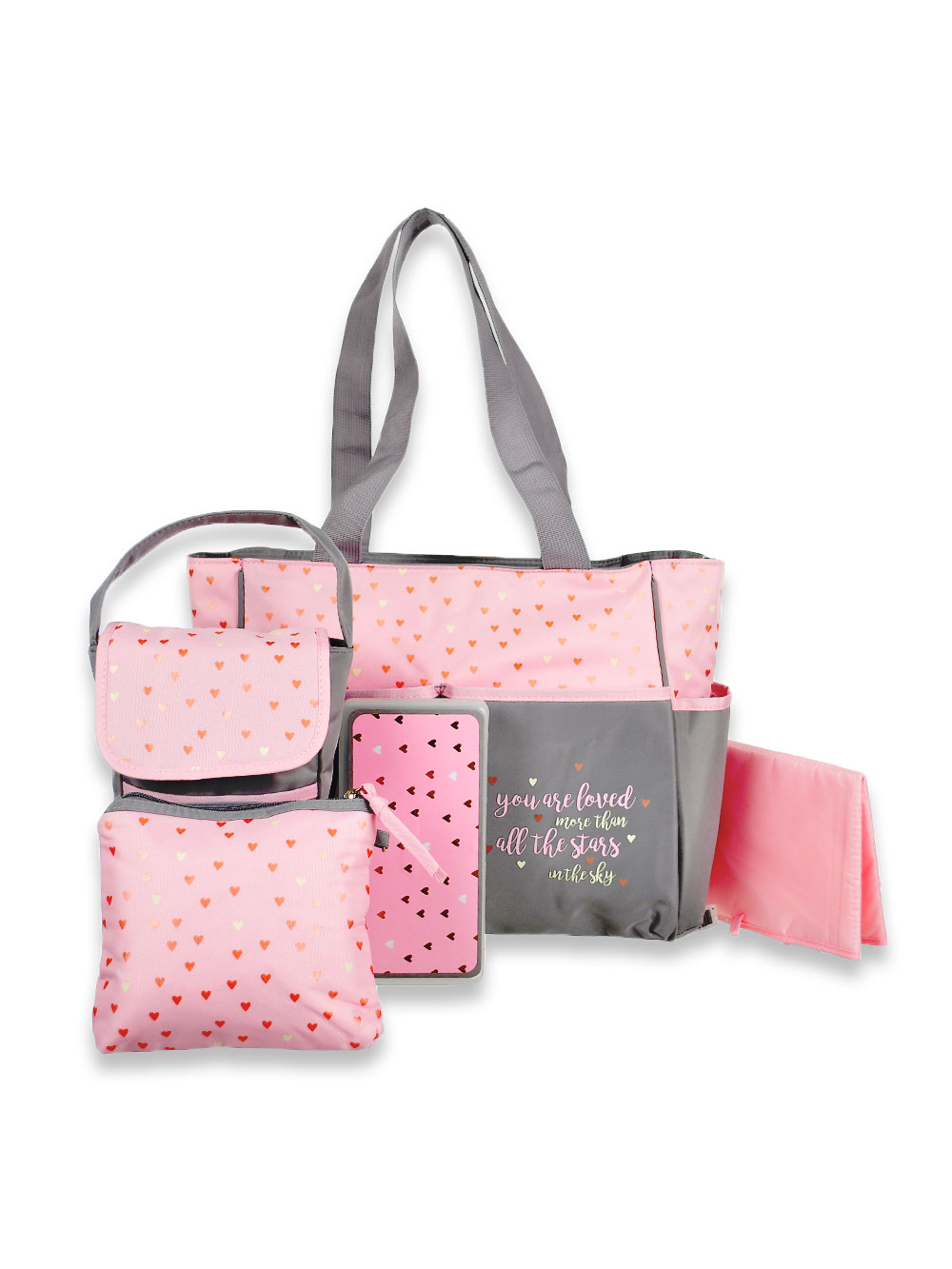 pink and gray diaper bag