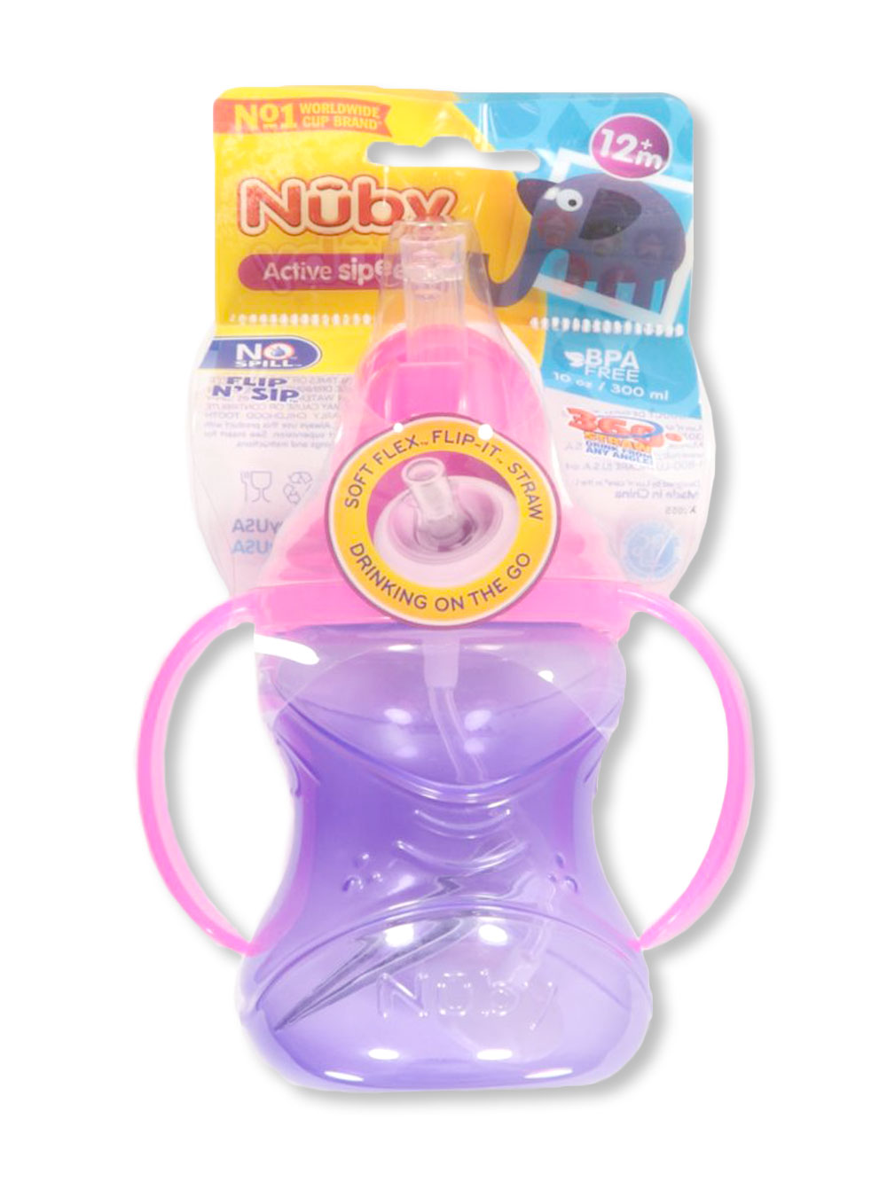 Nuby 2-Pack 10-oz No-Spill Flexi Straw Cup - Purple/Pink Pink/Purple
